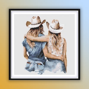 Watercolor Western Cowgirls Counted Cross Stitch PDF Pattern, Best Friends Cross Stitch, Western Modern Cross Stitch Chart, Hand Embroidery