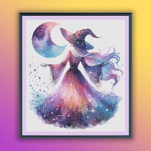 Aquarel Halloween maanheks getelde kruissteek pdf-patroon, halloweenlandschap, moderne kruissteekkaart, handborduurwerk