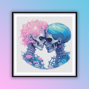 May include: Cross-stitch pattern of two skeletons with pink and blue hair, embracing and surrounded by flowers.