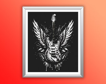 May include: Black and white illustration of an electric guitar with wings. The guitar is in the center of the image and the wings are spread out behind it. The image is set against a black background.