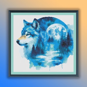 Aquarell Woodland Wolf PDF Stickmuster, verschneite Waldnachtlandschaft, moderne Kreuzstichvorlage, Handstickerei