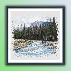 Wald und Fluss Wasserfarben, Kreuzstich PDF, Regenwald Landschaft, Gebirge, Handstickerei, Stickmuster