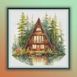 Aquarell kleines Haus am See Kreuzstich PDF Muster, See und Wald, Handstickerei, moderne Kreuzstichvorlage