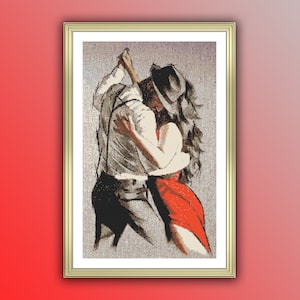 Peut inclure: Une peinture d'un couple dansant, l'homme porte une chemise blanche, un gilet noir et un chapeau noir, la femme porte une robe rouge, l'arrière-plan est gris clair.