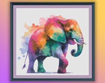 Patrón de punto de cruz de elefante arcoíris en acuarela vibrante: descarga instantánea en PDF para amantes de los safaris.