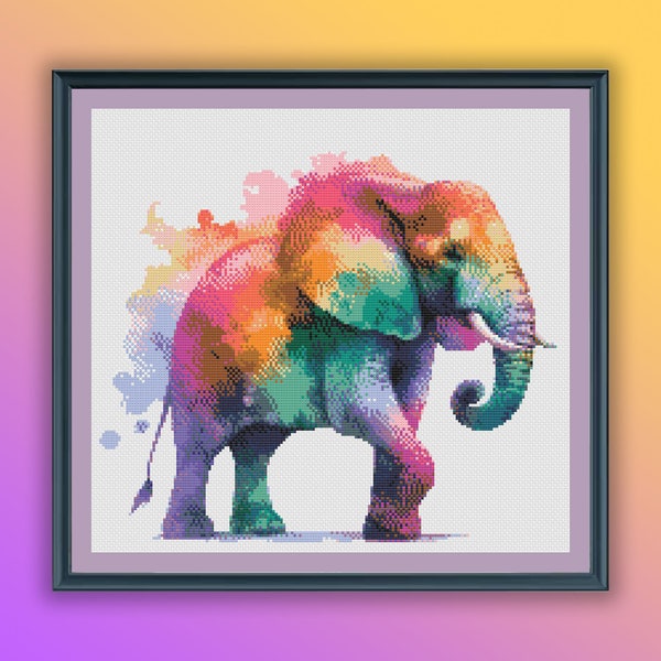 Watercolor Rainbow Elephant Counted Cross Stitch PDF Pattern, Wild Animals, Forest Animals, African Safari Animals, Hand Embroidery