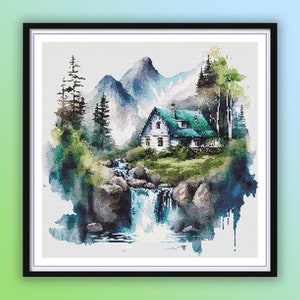 Aquarell Fluss und Berge Landschaft, PDF Kreuzstichmuster, Pinienwald, Bergdorf, Handstickerei