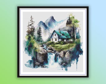 Scenic Mountain River Watercolor Landscape Embroidery: Counted Cross Stitch PDF Pattern Chart