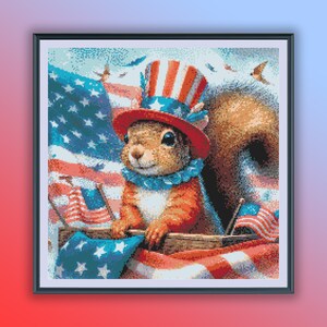 May include: A squirrel wearing a red, white, and blue patriotic hat and holding a small American flag. The squirrel is standing in front of a large American flag.