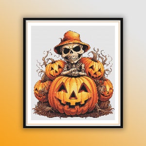 Padrão PDF de ponto cruz de esqueleto de abóbora de Halloween em aquarela, feliz festa de Halloween, fantasma de Halloween, gráfico de ponto cruz moderno
