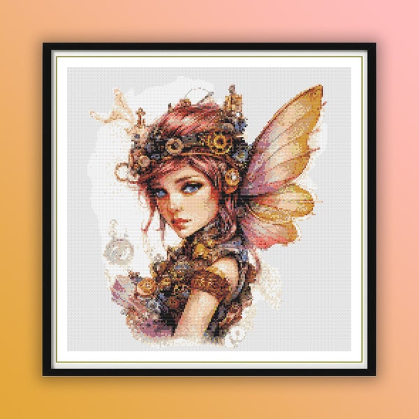 Aquarell Steampunk Fee Kreuzstich PDF Muster, bunte Blumen Fee, moderne Kreuzstich, Handstickerei