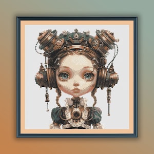Aquarel steampunk meisje getelde kruissteek pdf-patroon, moderne kruissteekkaart, handborduurwerk