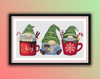 Festive Gnome Christmas Cross Stitch Pattern: Holiday Tree, Santa Claus & Embroidery Chart PDF