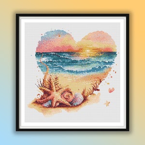 Watercolor Romantic Sunset on The Beach Counted Cross Stitch PDF Pattern, Sea Treasures, Sunset and Palm Trees, Hand Embroidery image 1