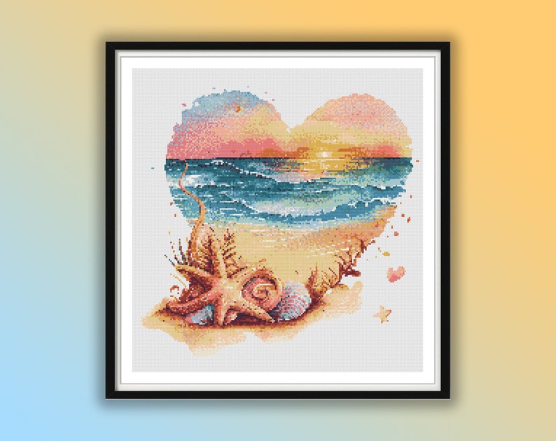 Watercolor Romantic Sunset on The Beach Counted Cross Stitch PDF Pattern, Sea Treasures, Sunset and Palm Trees, Hand Embroidery image 1