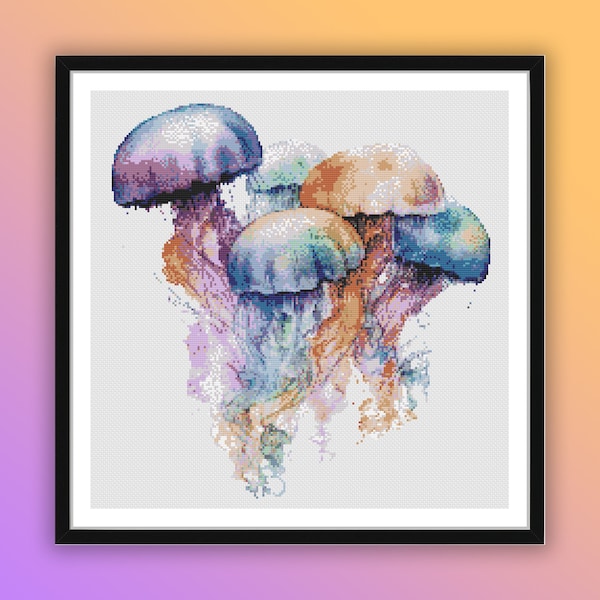 Patrón de bordado en punto de cruz con vibrantes medusas de acuarela - Descarga PDF para artesanos