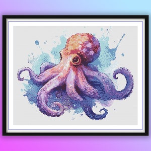 Vibrant Watercolor Octopus Cross Stitch Pattern: Ocean Life DIY Embroidery Chart for Sea Lovers