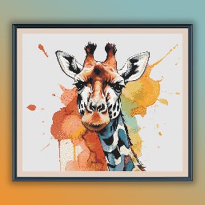May include: A close-up of a giraffe's face with a watercolor background. The giraffe has a brown and black patterned coat and a long neck. The background is a mix of orange, yellow, and blue.