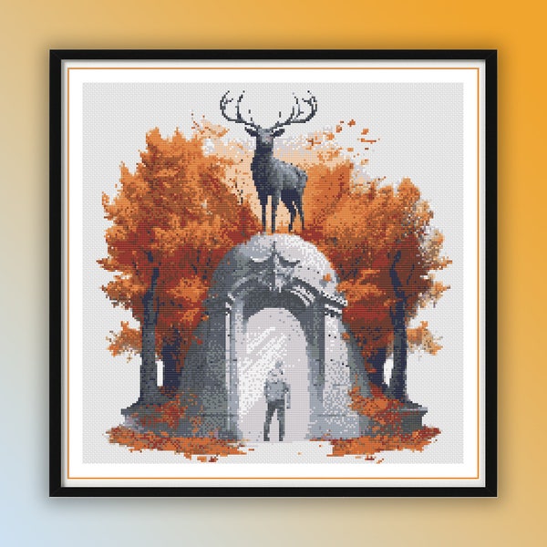 Watercolor Deer Statue at Autumn National Park Counted Cross Stitch PDF Pattern, Autumn Forest, Rainy Autumn, Fall Trees Hand Embroidery