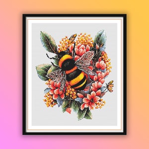 Watercolor Honey Bee and Flowers Counted PDF Cross Stitch Pattern, Bumble Bee, Spring Flowers and Queen Bee, Hand Embroidery