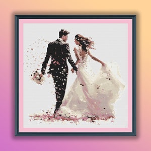 Romantic Watercolor Wedding Cross Stitch Pattern: Bride & Groom Embroidery Silhouette PDF