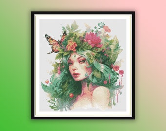 Watercolor Floral Fairy Girl and Butterfly Counted Cross Stitch PDF Pattern, Colorful Floral Fairy, Modern Cross Stitch, Hand Embroidery