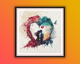 Patrón de punto de cruz de pareja romántica de San Valentín en acuarela - Gráfico de bordado de silueta de boda