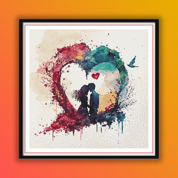 Aquarelle Valentines Couple compté Cross Stitch PDF Pattern, Saint Valentin, point de croix de mariage, broderie à la main, tableau à l’aiguille