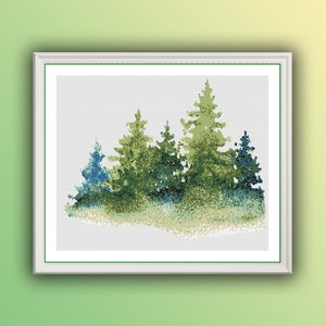 Watercolor Pine Trees Landscape Counted Cross Stitch PDF Pattern, Forest Landscape Cross Stitch Pattern, Instant Download