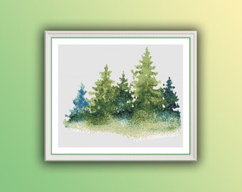 Watercolor Pine Trees Landscape Counted Cross Stitch PDF Pattern, Forest Landscape Cross Stitch Pattern, Instant Download