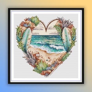 Watercolor Beach Heart Cross Stitch Pattern: Seaside Treasures & Shells PDF Chart
