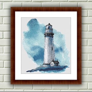 Watercolor Lighthouse Seascape Cross Stitch PDF Pattern: Digital Chart with Sea Treasures