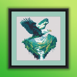 Aquarel bos waterval getelde kruissteek pdf-patroon, regenwoudlandschap, jager adelaar, moderne kruissteekkaart, handborduurwerk