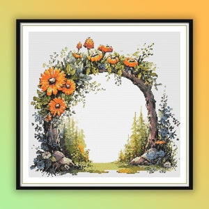 Aquarel betoverde bos boog geteld kruissteek pdf-patroon, herfstbos, boslandschap, handborduurwerk