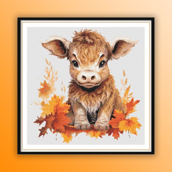 Watercolor Cute Autumn Calf Counted Cross Stitch PDF Pattern, Baby Cow in Fall, Cute Farm Animals, Fall Leaves, Modern Cross Stitch Chart