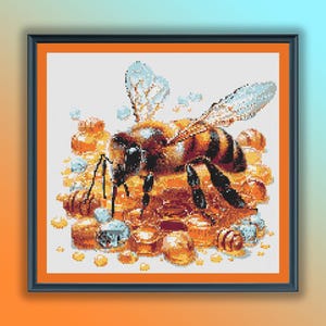 Watercolor Honey Bee Counted Cross Stitch PDF Pattern, Bumble Bee, Queen Bee, Hand Embroidery, Modern Cross Stitch Chart