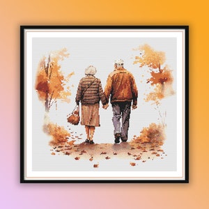 May include: An older couple walks hand-in-hand through a park, surrounded by autumn leaves. The man is wearing a brown jacket and the woman is wearing a brown coat. The background is a watercolor painting of trees and leaves.