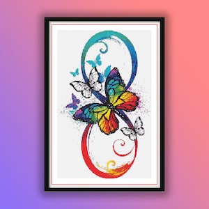 Watercolor Infinity Symbol with Butterfly Counted Cross Stitch PDF Pattern, Instant Download Cross Stitch, Hand Embroidery, Needlepoint