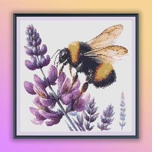Watercolor Honey Bee With Lavender Counted Cross Stitch PDF Pattern, Bumble Bee, Spring Flowers and Queen Bee, Hand Embroidery