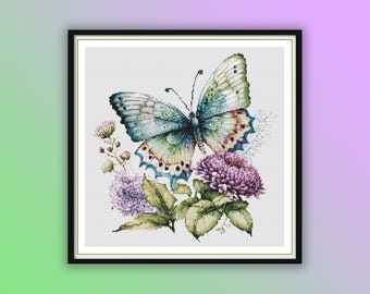 Retro Watercolor Butterfly & Floral Cross Stitch Pattern - Instant PDF Download for Counted Needlework