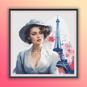 Watercolor Vintage Parisian Woman Counted Cross Stitch PDF Pattern, Paris City View, Eiffel Tower, Hand Embroidery
