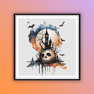 Spooky Watercolor Halloween Castle Cross Stitch Pattern: Creepy Pumpkin PDF Design for Crafters