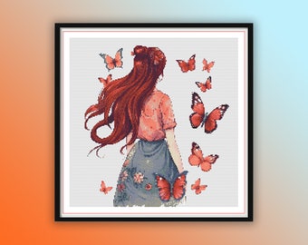 Watercolor Girl and Butterflies Counted Cross Stitch PDF Pattern, Colorful Floral Fairy, Modern Cross Stitch Chart, Hand Embroidery