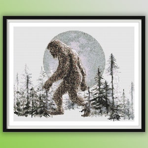 Aquarell Bigfoot PDF Kreuzstichmuster, verschneiter Wald, digitale Kreuzstichvorlage, Handstickerei