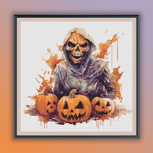 Padrão PDF de ponto cruz de esqueleto de abóbora de Halloween em aquarela, feliz festa de Halloween, fantasma de Halloween, gráfico de ponto cruz moderno