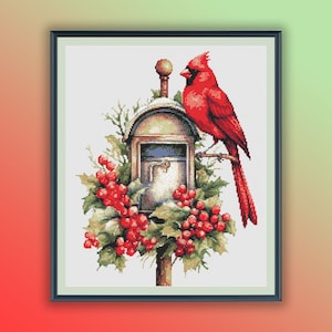 Aquarell Weihnachten Kardinal Kreuzstich PDF Muster, Weihnachtsvögel, Winter Wald, Handstickerei, moderner Kreuzstich