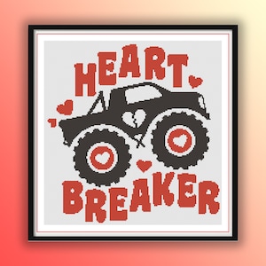Heart Breaker Truck Counted Cross Stitch PDF Pattern, Valentine's Day Truck, Off Road Wedding Truck, Hand Embroidery
