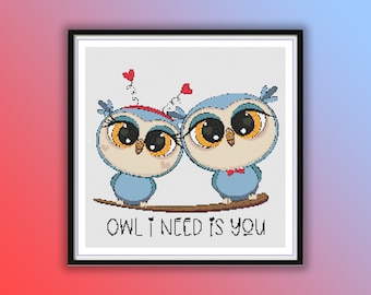 Cute Valentines Day Owl Couple Counted Cross Stitch PDF Pattern, Valentine Birds, Lovebirds, Hand Embroidery, Needlepoint Chart