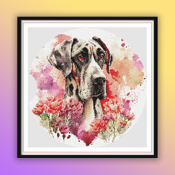 Watercolor Floral Great Dane Dog Counted Cross Stitch PDF Pattern, Cute Clever Dogs, Modern Cross Stitch Chart, Hand Embroidery