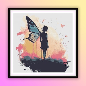 Aquarell Fantasy Pink Fairy Kreuzstich PDF Muster, bunte Blumenfee, modernes Kreuzstich, Handstickerei